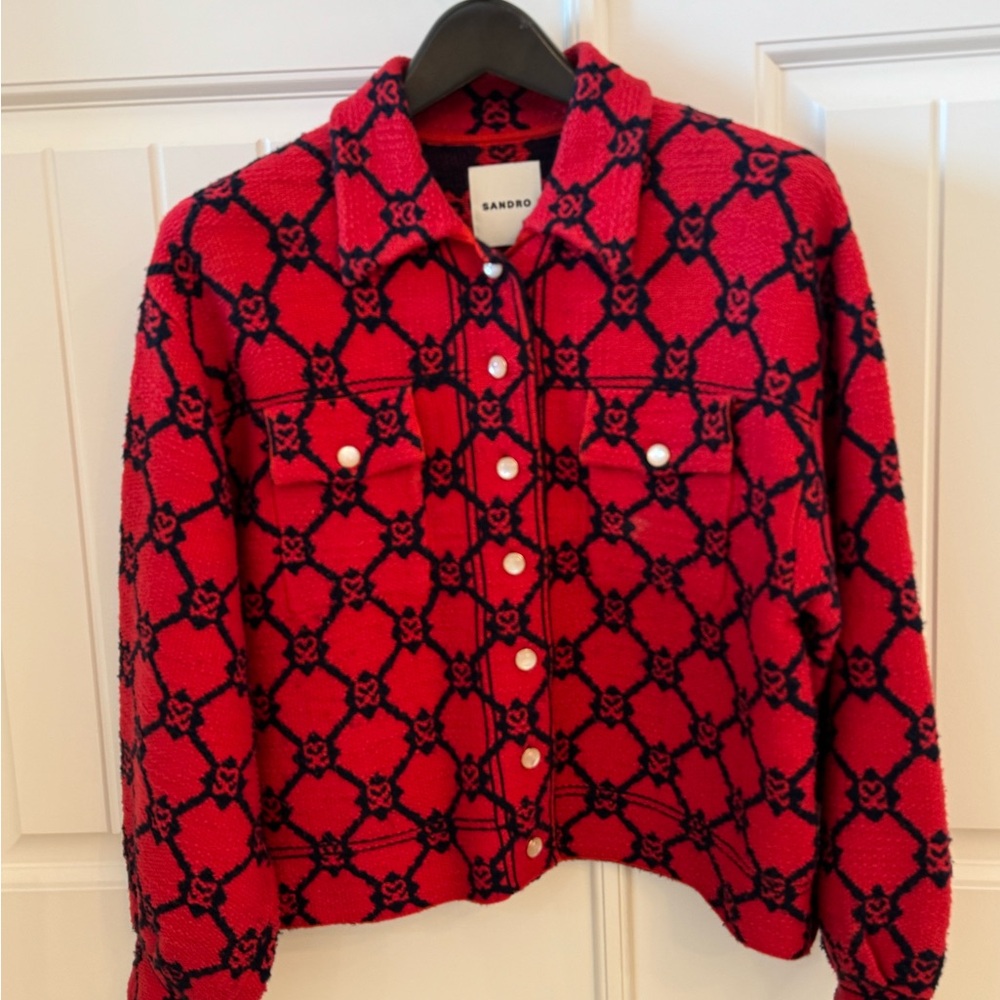 Sandro Red and Black Patterned Knit Jacket